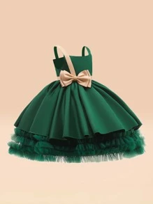 Young Girl Princess Dress With Detachable Bow And Puffy Tulle Skirt For Show, Children's Formal Dress (Without Hair Accessories) - Dark Green - View 4