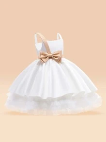 Young Girls' Satin Tulle Bow Decorated Puffy Dress With Elegant Style, Perfect For Evening Party Performance - White - View 4