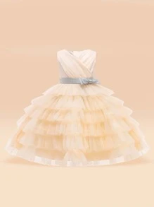 小女孩無袖分層薄紗和緞面蓬鬆舞會禮服，適合學校表演和生日派對的正式禮服 - 杏色 - 查看 1