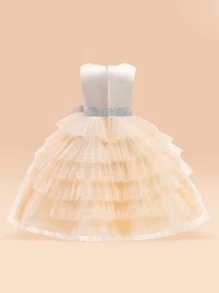 小女孩無袖分層薄紗和緞面蓬鬆舞會禮服，適合學校表演和生日派對的正式禮服 - 杏色 - 查看 2