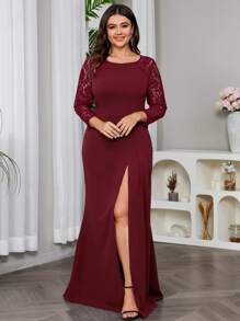 Plus Size Women Lace Patchwork High Slit Formal Gown - Burgundy - View 1