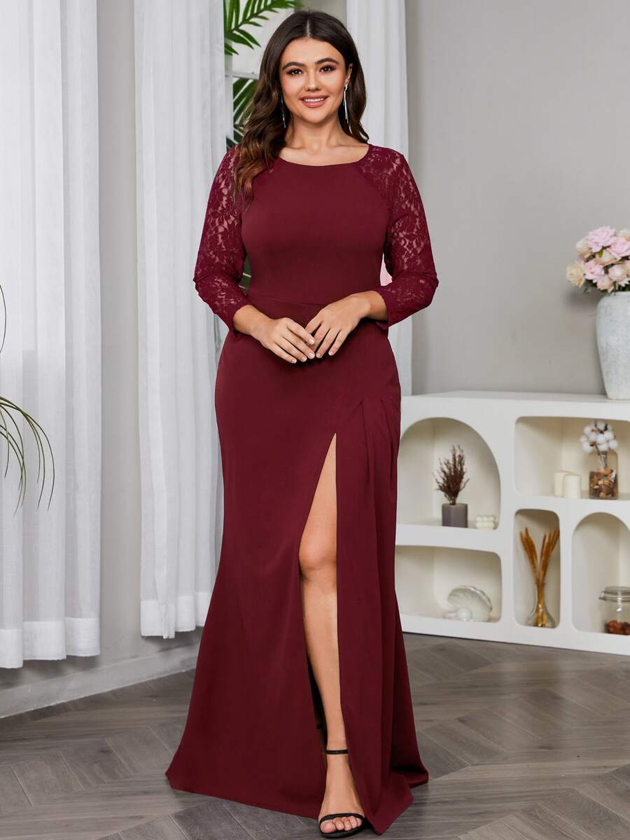 Plus Size Women Lace Patchwork High Slit Formal Gown - Burgundy - View 1