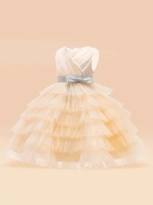 小女孩無袖分層薄紗和緞面蓬鬆舞會禮服，適合學校表演和生日派對的正式禮服 - 杏色 - 查看 3