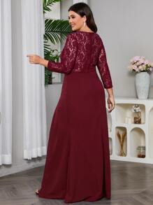 Plus Size Women Lace Patchwork High Slit Formal Gown - Burgundy - View 2