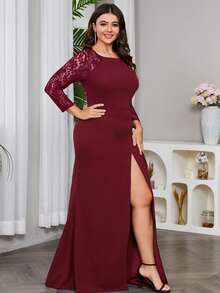 Plus Size Women Lace Patchwork High Slit Formal Gown - Burgundy - View 3