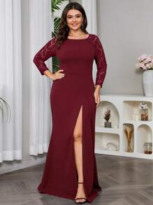 Plus Size Women Lace Patchwork High Slit Formal Gown - Burgundy - View 4