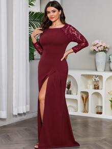 Plus Size Women Lace Patchwork High Slit Formal Gown - Burgundy - View 5