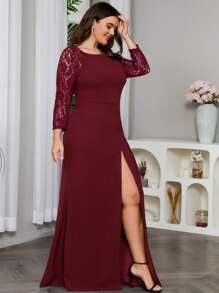Plus Size Women Lace Patchwork High Slit Formal Gown - Burgundy - View 6