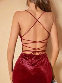 SHEIN BAE Lace Up Backless Wrap Hem Velvet Cami Dress - Red - View 2