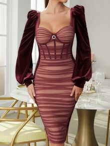 Lantern Sleeve Ruched Mesh Bodycon Dress - Burgundy - View 8