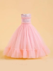Tween Girl Elegant And Luxury Formal Dress With Long Solid Color Mesh Dress And Pearl Decoration, Suitable For Birthday Party, Evening Party, Host - Baby Pink - View 1