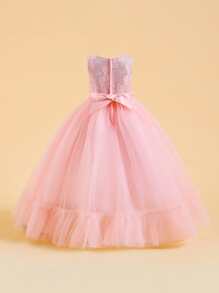 Tween Girl Elegant And Luxury Formal Dress With Long Solid Color Mesh Dress And Pearl Decoration, Suitable For Birthday Party, Evening Party, Host - Baby Pink - View 2