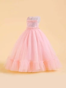 Tween Girl Elegant And Luxury Formal Dress With Long Solid Color Mesh Dress And Pearl Decoration, Suitable For Birthday Party, Evening Party, Host - Baby Pink - View 3