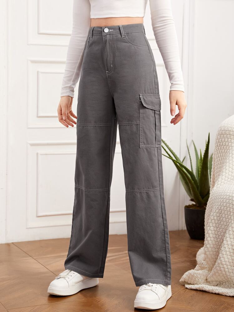 Teen Girls Flap Pocket Seam Front Cargo Jeans