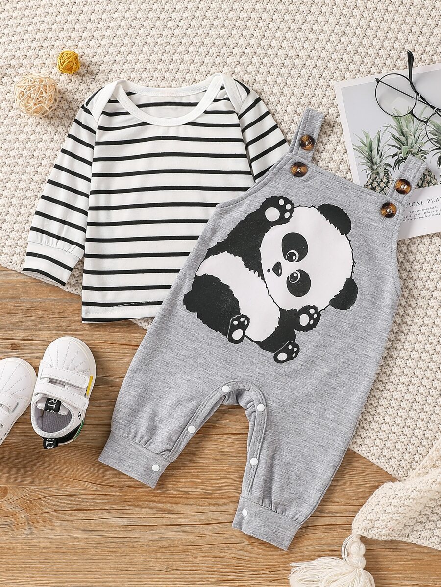 Baby Boy Striped Tee & Panda Print Overall Jumpsuit - Multicolor - View 1