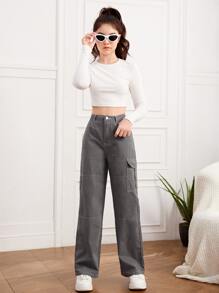 SHEIN Teen Girls Flap Pocket Seam Front Cargo Jeans