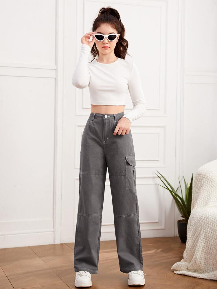 Teen Girls Flap Pocket Seam Front Cargo Jeans