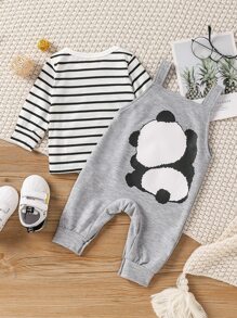 Baby Boy Striped Tee & Panda Print Overall Jumpsuit - Multicolor - View 2