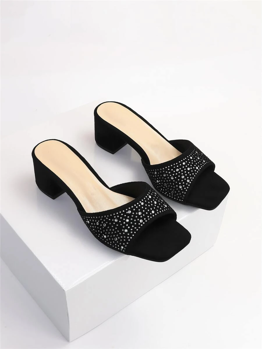 春夏水钻装饰粗跟穆勒凉鞋 情人节 - 黑色 - 查看 1