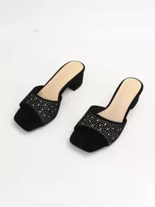 春夏水钻装饰粗跟穆勒凉鞋 情人节 - 黑色 - 查看 3