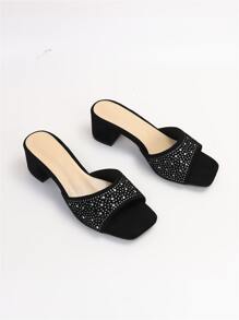 春夏水钻装饰粗跟穆勒凉鞋 情人节 - 黑色 - 查看 4