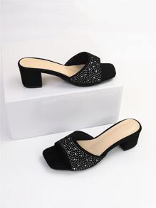 春夏水钻装饰粗跟穆勒凉鞋 情人节 - 黑色 - 查看 6