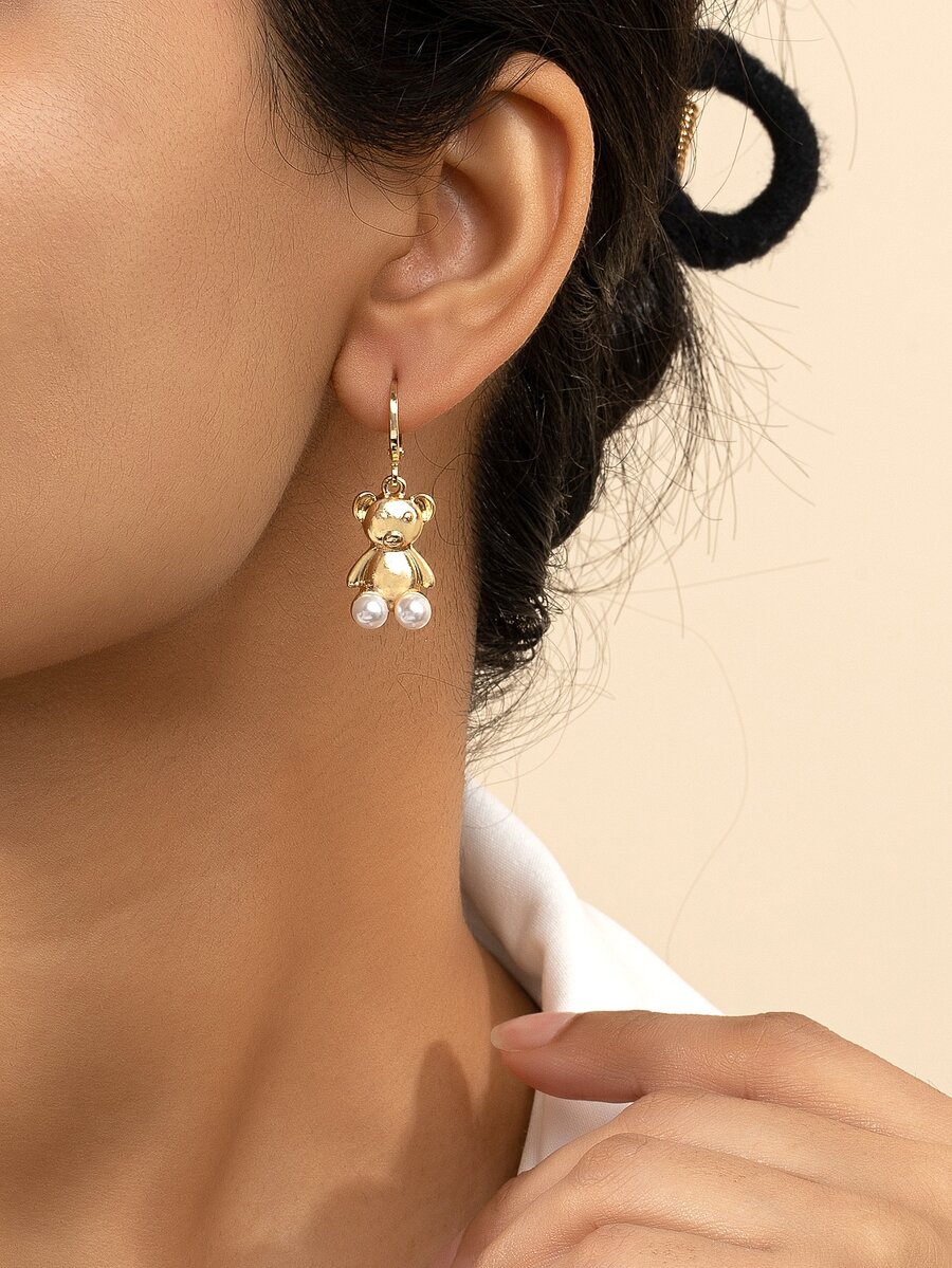 Faux Pearl Decor Bear Drop Earrings - Yellow Gold - View 1