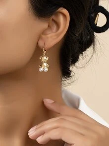 Faux Pearl Decor Bear Drop Earrings - Yellow Gold - View 2