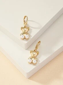 Faux Pearl Decor Bear Drop Earrings - Yellow Gold - View 3