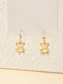 Faux Pearl Decor Bear Drop Earrings - Yellow Gold - View 4