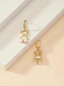 Faux Pearl Decor Bear Drop Earrings - Yellow Gold - View 5