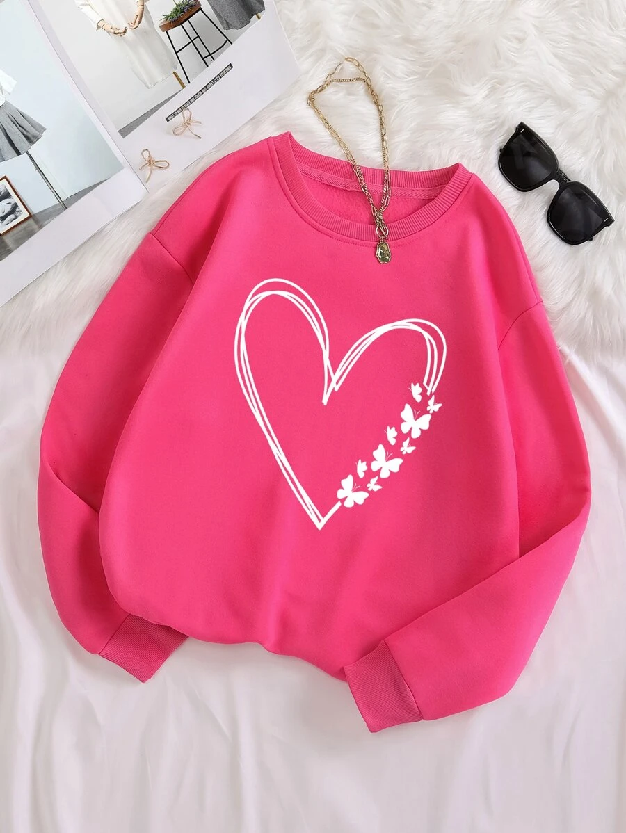 SHEIN EZwear Plus Heart & Butterfly Print Thermal Lined Sweatshirt - Hot Pink - View 1