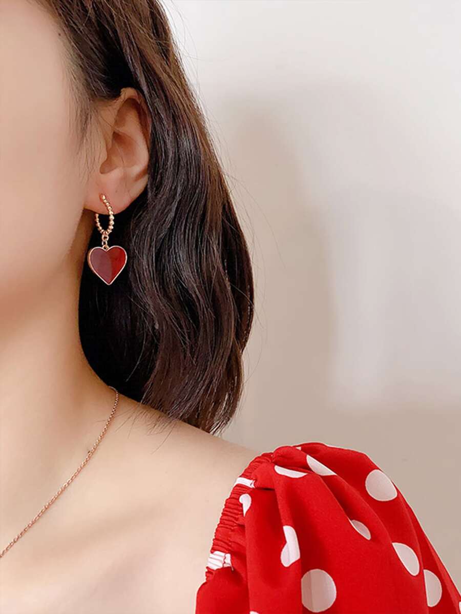 Pendientes largos con corazón - Rojo - Ver 1
