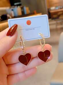 Pendientes largos con corazón - Rojo - Ver 2