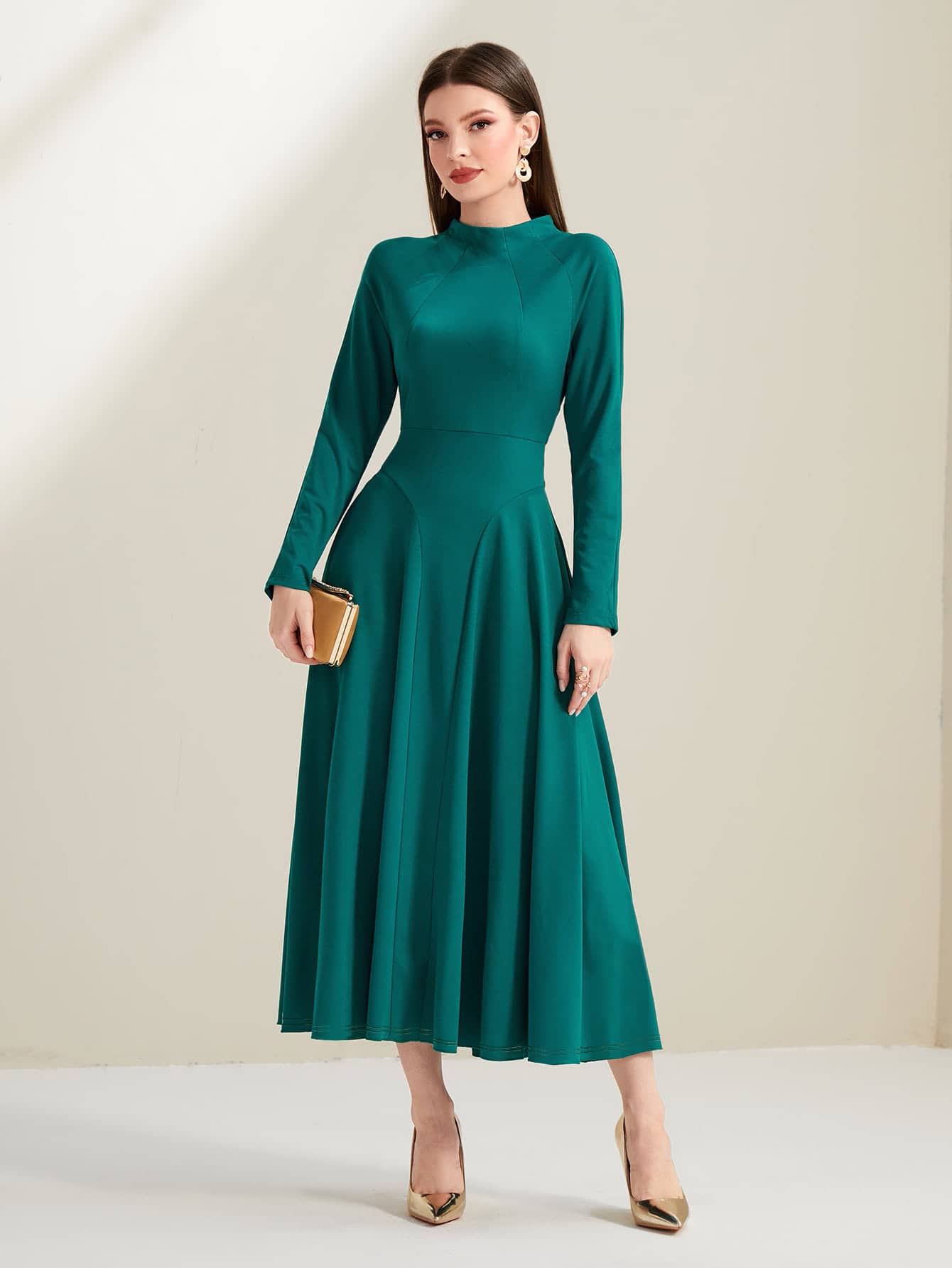 Modelyn Vestido de cuello alto de manga raglán - Agua verde azul - Ver 1