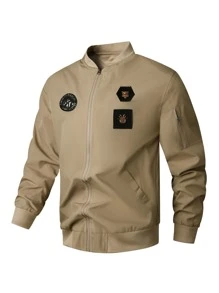 Manfinity Hombres Cazadora tipo bomber con parche de letra con cremallera - Caqui - Ver 1