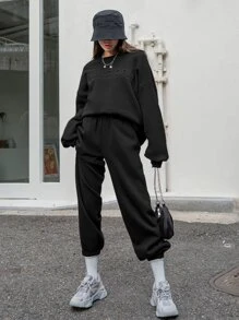 DAZY Letter Graphic Drop Shoulder Sweatshirt & Joggers Without Tee - Black - View 3