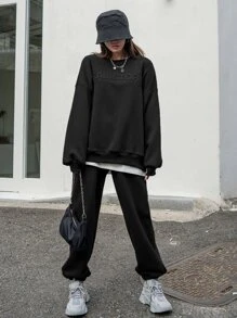 DAZY Letter Graphic Drop Shoulder Sweatshirt & Joggers Without Tee - Black - View 5