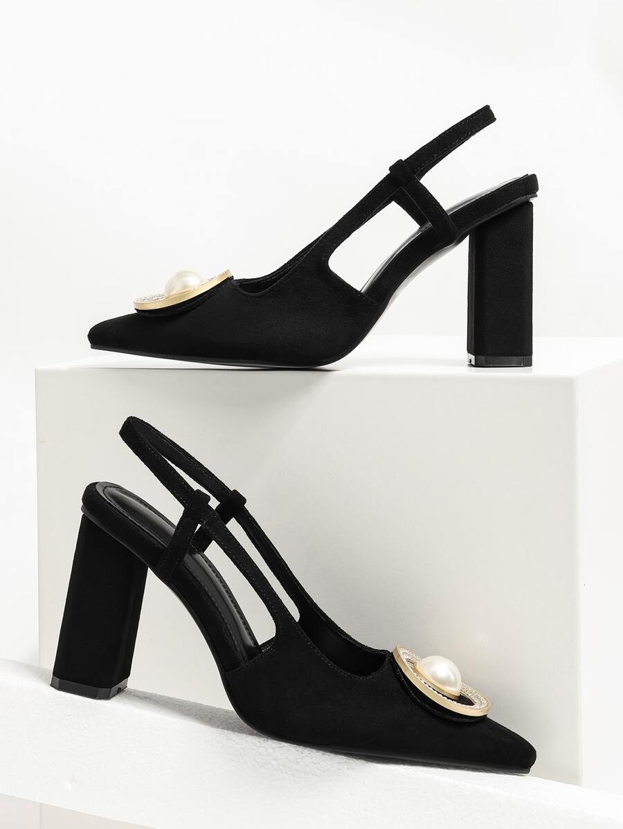 Metal Decor Chunky Heeled Slingback Pumps - Black - View 1