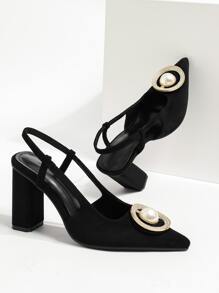 Metal Decor Chunky Heeled Slingback Pumps - Black - View 2