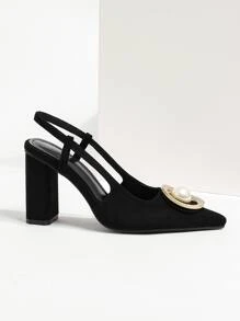 Metal Decor Chunky Heeled Slingback Pumps - Black - View 3