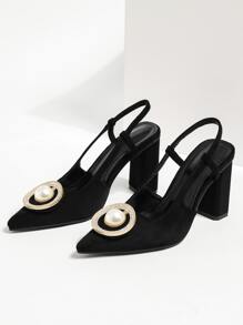 Metal Decor Chunky Heeled Slingback Pumps - Black - View 4