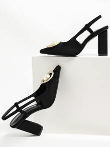 Metal Decor Chunky Heeled Slingback Pumps - Black - View 5