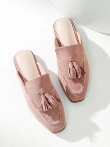 Tassel Decor Square Toe Flat Mules - Pink - View 1