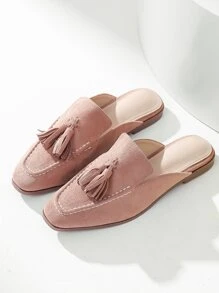 Tassel Decor Square Toe Flat Mules - Pink - View 4