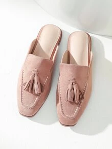 Tassel Decor Square Toe Flat Mules - Pink - View 5