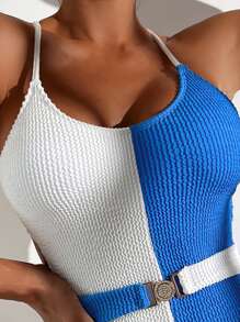 Two Tone Belted One Piece Swimsuit - Blue and White - View 4