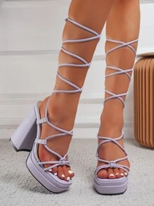 女士腿部繫帶設計防水台粗跟條帶時尚夏天高跟涼鞋 - 紫色 - 查看 5