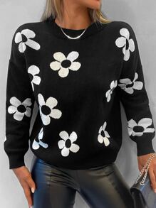 RueChic Floral Pattern Drop Shoulder Jumper - Black - View 1