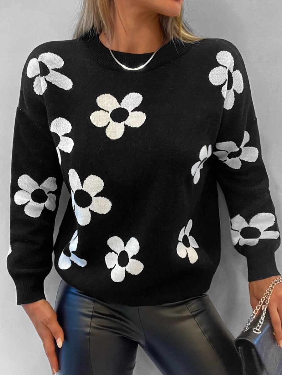 RueChic Floral Pattern Drop Shoulder Jumper - Black - View 1